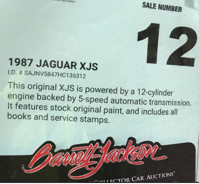 1987 Jaguar XJS V12 One Owner , Barrett Jackson Car