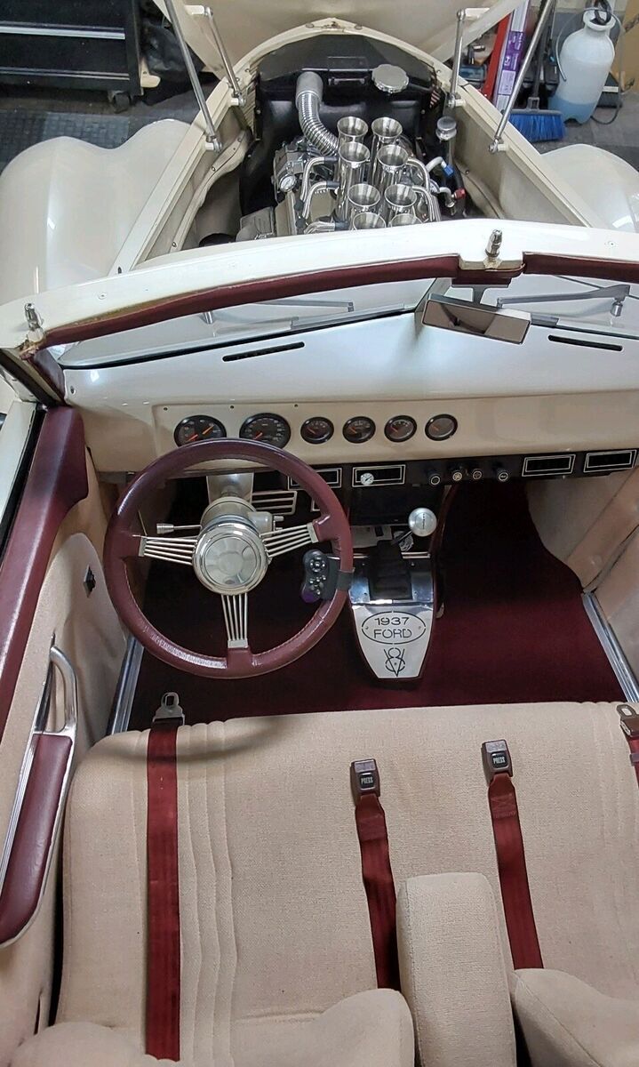 1937 Ford Custom white tweed bench seat